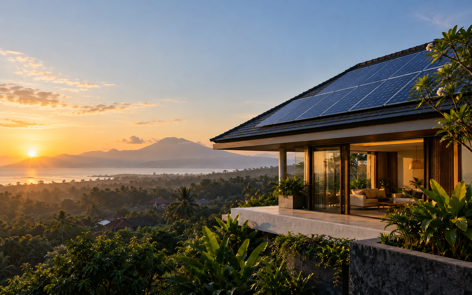 Rumah tropis modern di Bali dengan panel surya di bagian atap